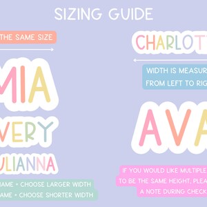 May include: A sizing guide on a light purple background. The guide includes examples of name stickers: MIA, AVERY, JULIANNA, CHARLOTTE, and AVA. Text explains how to choose the correct width based on name length and how to request stickers of the same height.