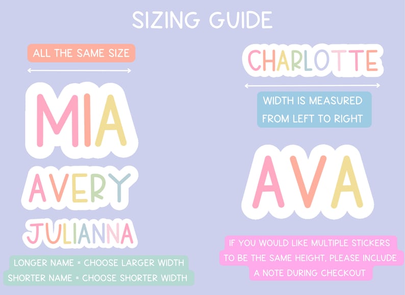 May include: A sizing guide on a light purple background. The guide includes examples of name stickers: MIA, AVERY, JULIANNA, CHARLOTTE, and AVA. Text explains how to choose the correct width based on name length and how to request stickers of the same height.