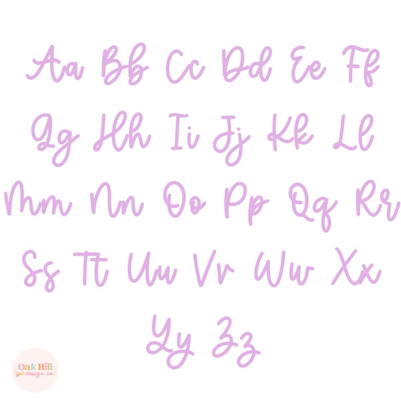 May include: A complete alphabet in a soft, cursive font, in a light purple color. The letters are arranged in rows, with both uppercase and lowercase letters displayed. The logo for Oak Hill Design Co. is in the bottom left corner.