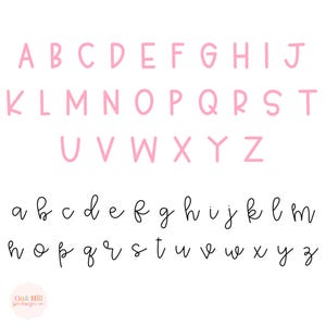 May include: A white background displays the uppercase and lowercase alphabet in two different fonts. The uppercase letters are in a pink, rounded sans-serif font. The lowercase letters are in a black, cursive font. The Oak Hill design co. logo is in the bottom left corner.