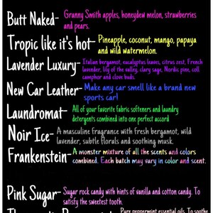 May include: A black and white image with a list of scents and their descriptions. The title is "DontStinks Scent List". The scents include "Butt Naked", "Tropic like it's hot", "Lavender Luxury", "New Car Leather", "Laundromat", "Noir Ice", "Frankenstein", "Pink Sugar", "Therapeutic Peppermint", and "Tokyo Nights".