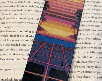 Neon Grid Sunset Bookmark – 80s Synthwave Inspired Art, Raised Textured 3D Design