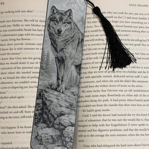 Puede incluir: Marcap&aacute;ginas plateado con un grabado detallado de un lobo sobre un terreno rocoso. El marcap&aacute;ginas tiene una borla negra y est&aacute; colocado en un libro abierto, mostrando un dise&ntilde;o cl&aacute;sico.