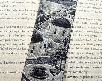 Santorini Greece Bookmark – Raised Textured 3D Printed Coastal Café, Cozy Destinations Book Lover Gift