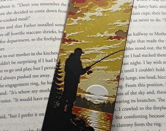 Fishing Bookmark – Raised Textured 3D Printed Angler Sunset Silhouette, Lake Nature Gift for Fishermen & Readers