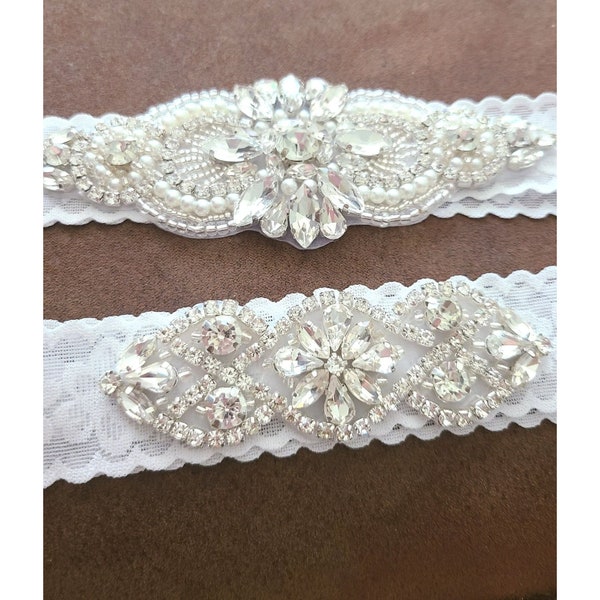 BRIDAL GARTER SET Pearls Rhinestones Stretch Lace 2 Piece + Free Shipping!!