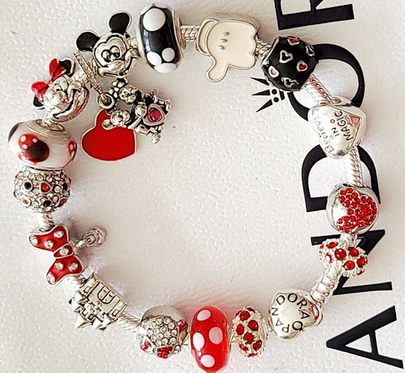 PANDORA SILVER CHARM BRACELET WITH RED EUROPEAN CHARMS & GIFT BOX!