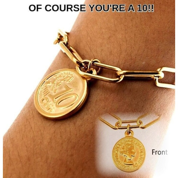 Chunky Queen Elizabeth GOLD COIN CHAIN Bracelet Paperclip  + Pouch