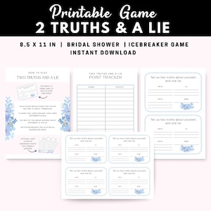 Puede incluir: Juego imprimible "2 Verdades y 1 Mentira" para una despedida de soltera o rompehielos. El diseño incluye instrucciones, un rastreador de puntos y tarjetas para que los jugadores escriban dos verdades y una mentira. El juego mide 21,6 x 27,9 cm.