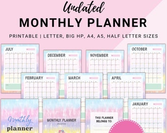 Undated Monthly Printable Planner, Monthly planner, 12 month planner, Month on 1 page, Printable Inserts, A4/A5/Letter/Half, Tie-Dye