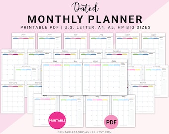 2024 yearly planner printable 2 pages, Monthly Planner, Monthly Calendar, Printable Planner, Letter/Big HP Size, A4, A5 Sizes, 26 Pages