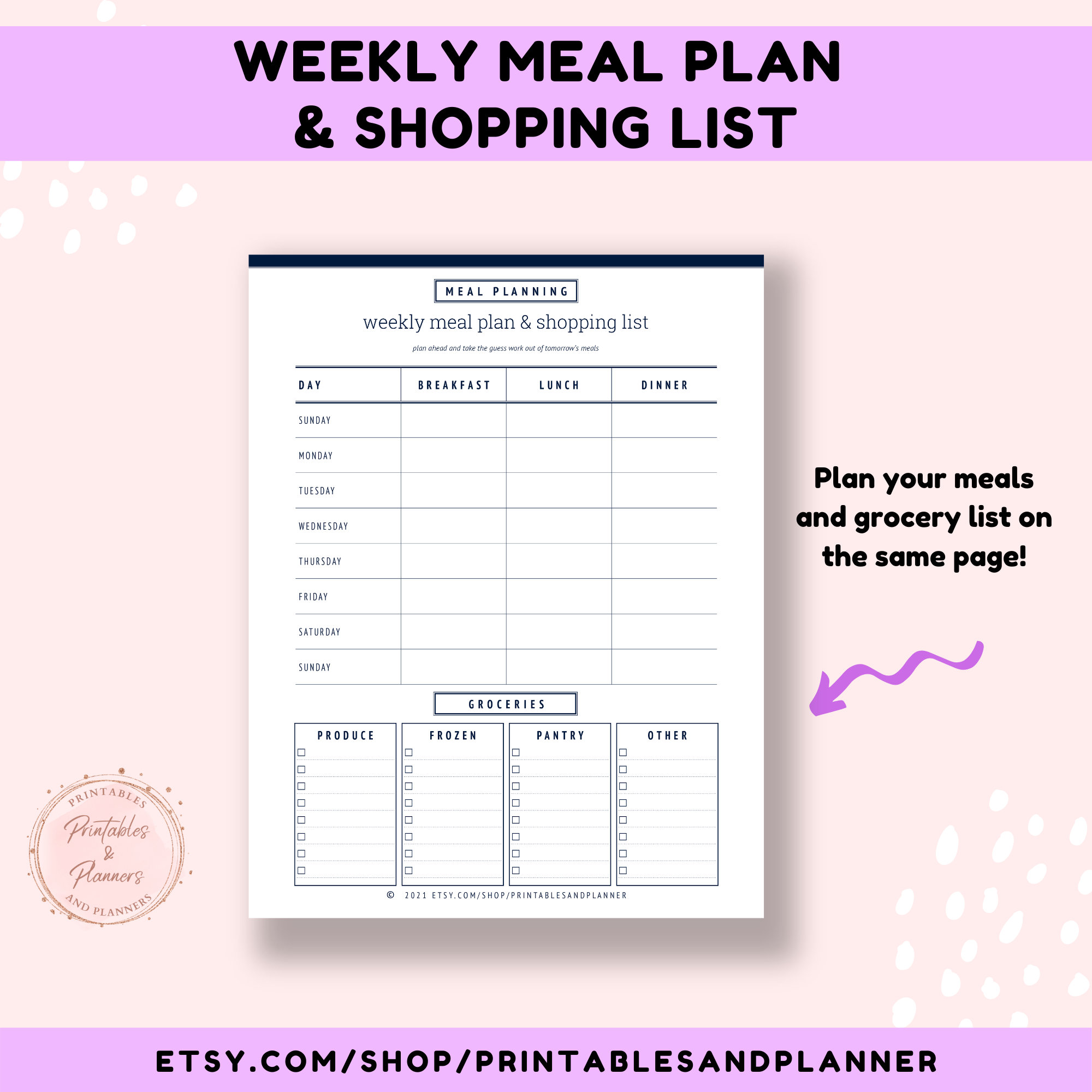 Weekly Meal Planner Printable | Minimalist Grocery List (PDF) - Etsy