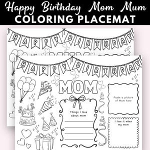 Mantel individual para colorear de cumpleaños para mamá / Página de actividades imprimible para niños / Regalo de último minuto de los niños / Desayuno sorpresa para mamá