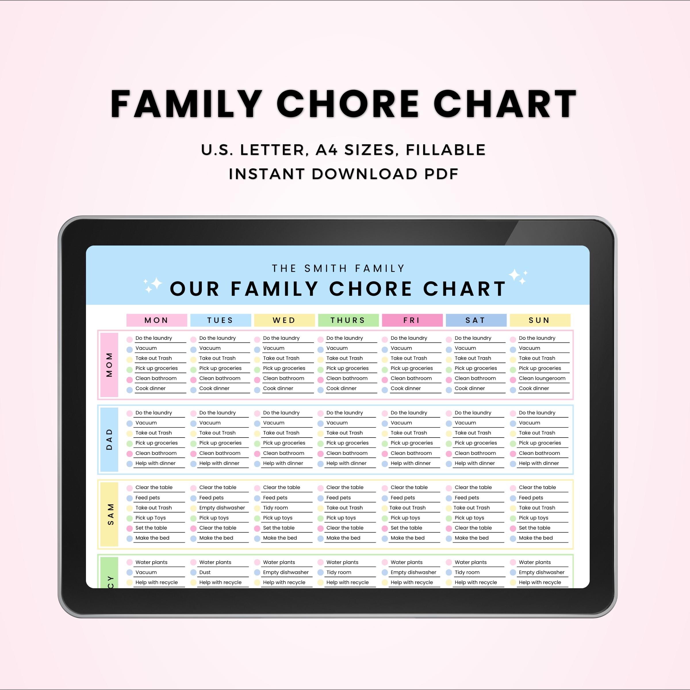 Colorful Family Chore Chart, Fillable PDF Printable, Home Organization ...