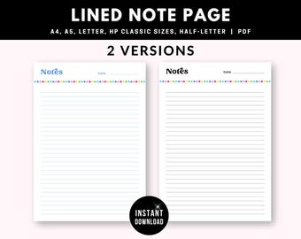 Lined Notes Page Printable |  Color & Black Lines Digital Download | A4, A5, Letter, HP Classic, Half-Letter Planner Insert
