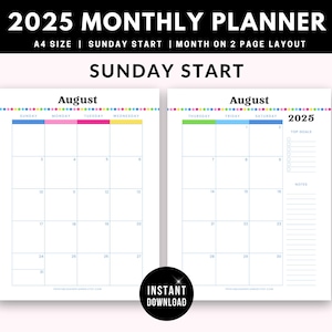 Planificador mensual imprimible con fecha 2025 / Mes en 2 páginas / Inicio en domingo / Mes de un vistazo / Tamaños A4/A5/Carta