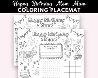 Happy Birthday Mom Coloring Placemat, Kids Activity (PDF Pattern)