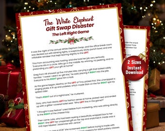 Op de afbeelding: Een feestelijk printbaar spel met de titel "The White Elephant Gift Swap Disaster" met de ondertitel "The Left Right Game". Het ontwerp heeft een rood-wit kleurenschema met kerstthema decoraties. Een rode ornament met de tekst "2 Sizes Instant Download" is ook zichtbaar.