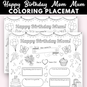 Mantel individual imprimible con actividades de Feliz Cumpleaños Mamá / Hoja para colorear de Mamá para niños / Recuerdo de cumpleaños del Día de la Madre