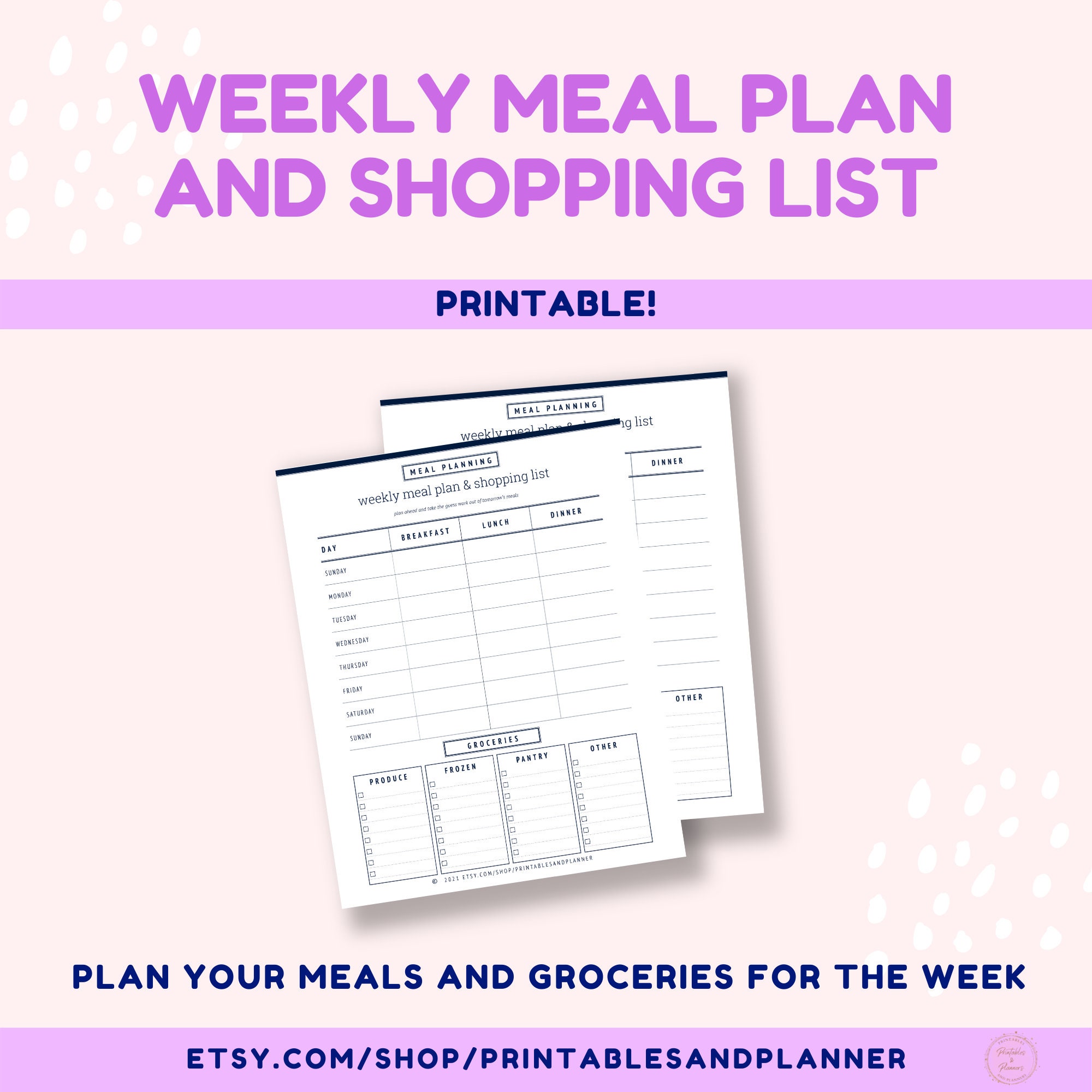 Weekly Meal Planner Printable | Minimalist Grocery List (PDF) - Etsy