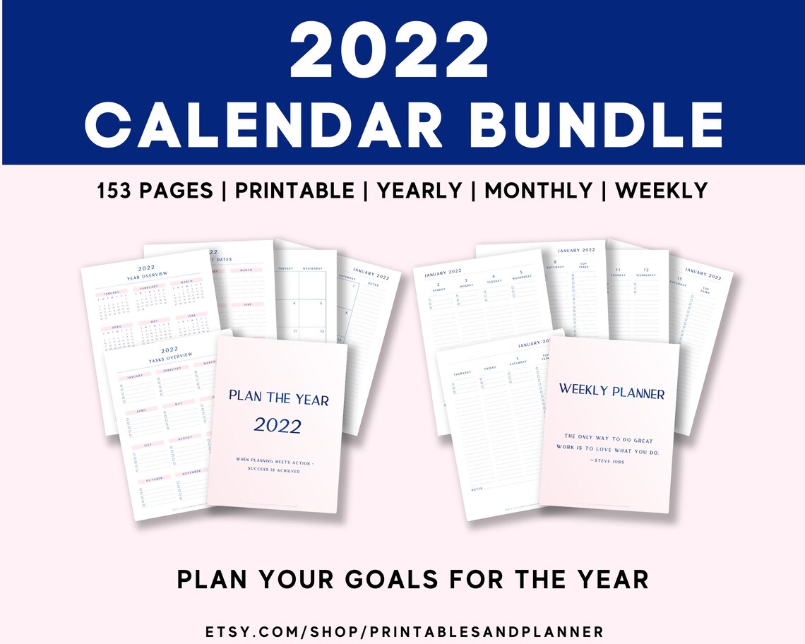 2022 Printable Monthly And Weekly Calendar Printable Yearly Etsy 