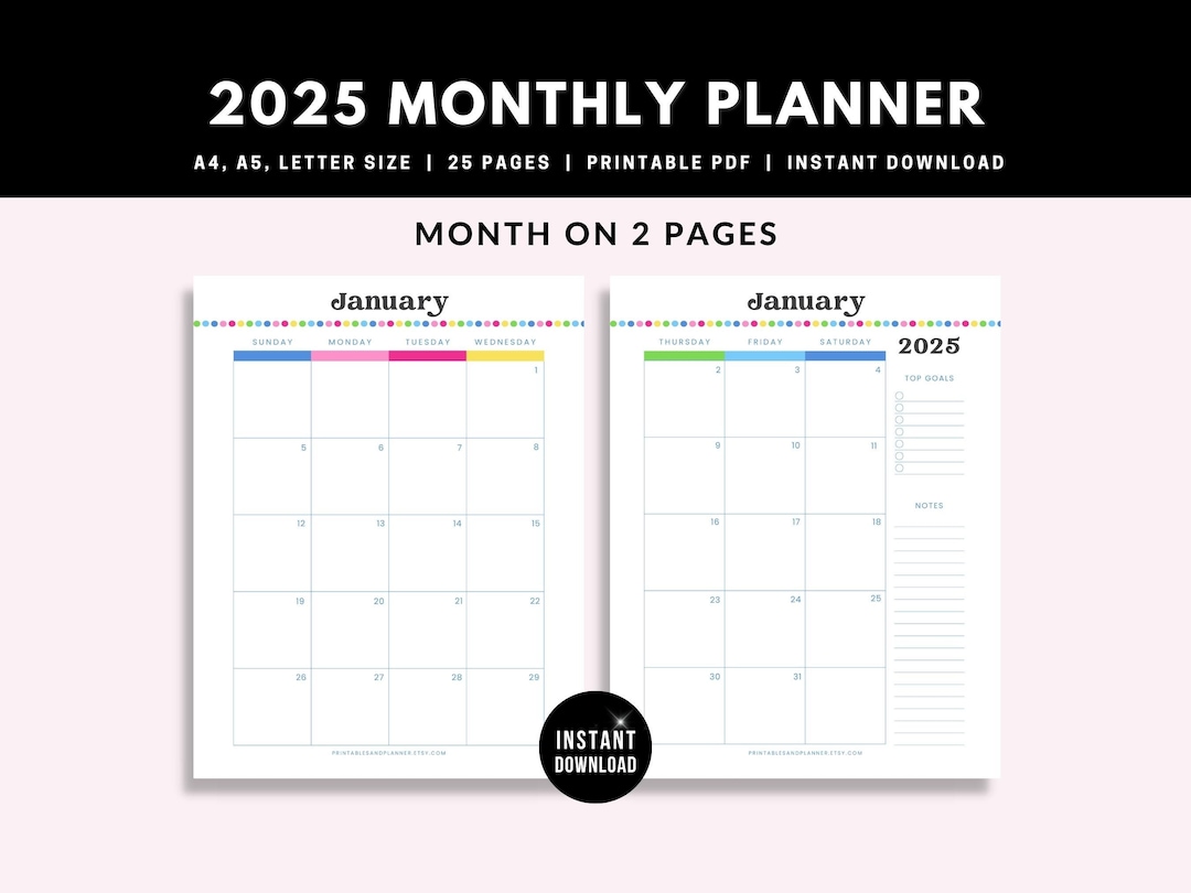 2025 Dated Monthly Planner - Month on 2 Pages - Printable Calendar