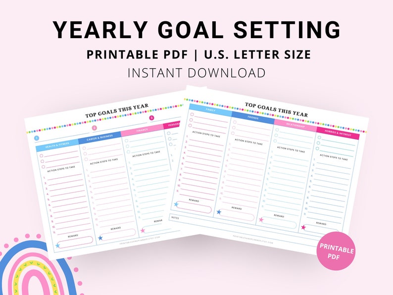 May include: Printable PDF worksheet for setting yearly goals. The worksheet is divided into five categories: Health & Fitness, Career & Business, Finances, Relationships, and Hobbies & Interests. Each category has space for goals, action steps to take, and rewards.