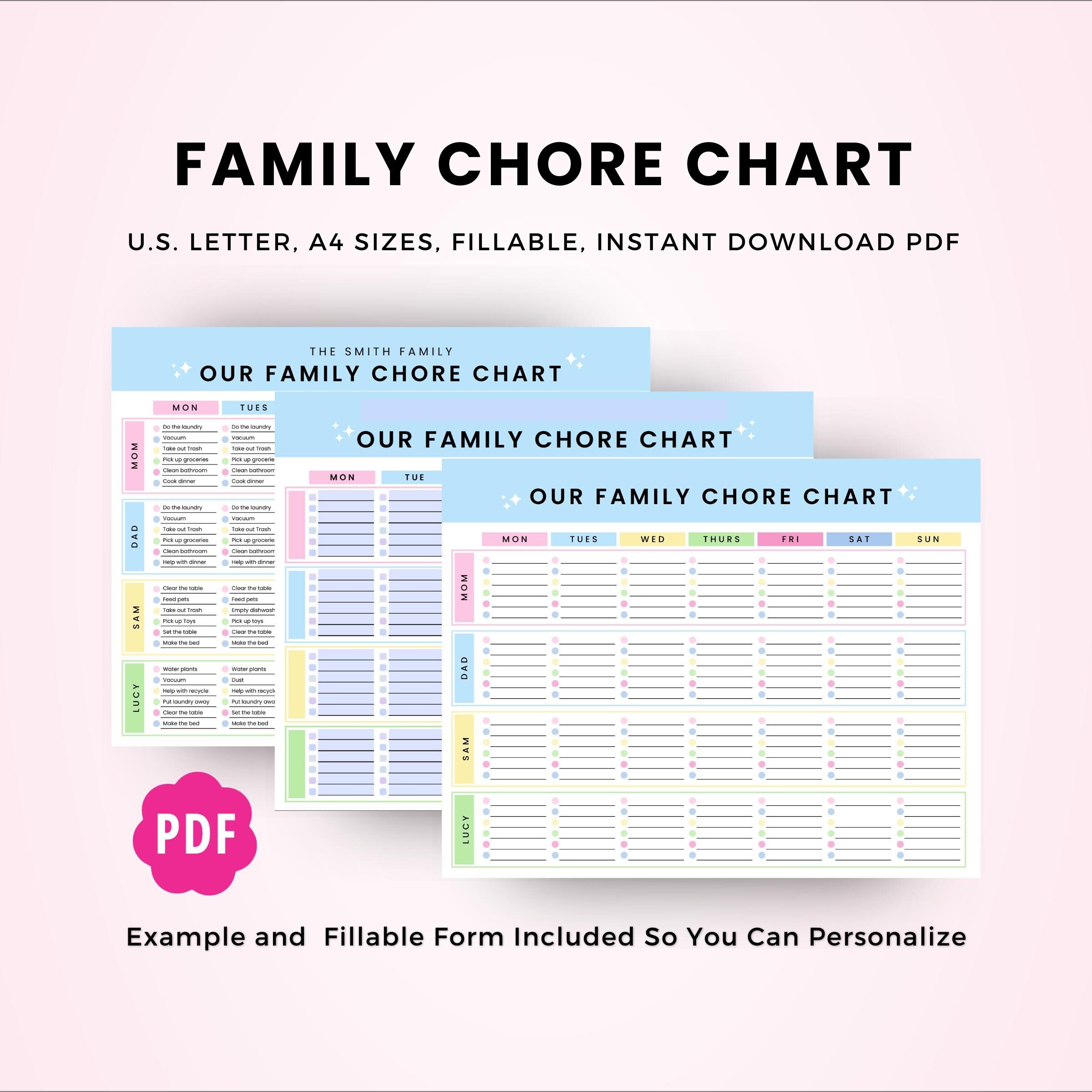 Colorful Family Chore Chart, Fillable PDF Printable, Home Organization ...