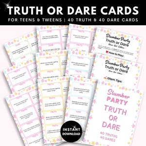 Jogo Verdade ou Desafio para Meninas | Jogo de Festa do Pijama para Pré-adolescentes e Adolescentes para Imprimir | Jogo de Festa do Pijama | 80 Cartas + Instruções | Diversão para Festa do Pijama