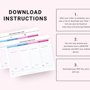May include: Download instructions for a printable PDF planner with a pink and blue color scheme. The planner is titled "Top Goals This Year" and includes sections for health & wellness, career & business, finances, and personal development.