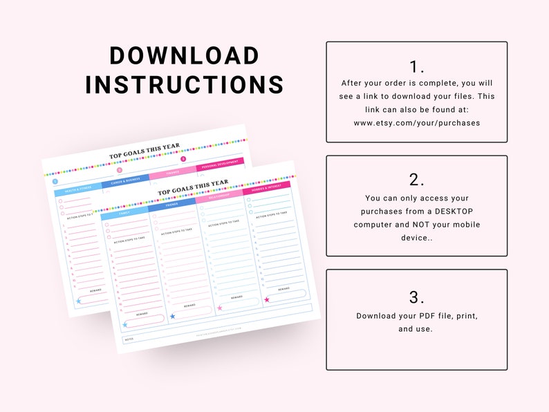 May include: Download instructions for a printable PDF planner with a pink and blue color scheme. The planner is titled "Top Goals This Year" and includes sections for health & wellness, career & business, finances, and personal development.