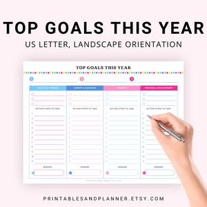 May include: Printable worksheet with a colorful header that says "Top Goals This Year". The worksheet is divided into four sections: Health & Fitness, Career & Business, Finance, and Personal Development. Each section has a list of blank lines for writing goals and action steps to take. There is also a space for a reward at the bottom of each section.