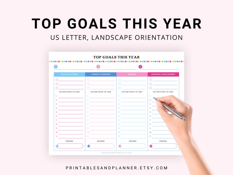May include: Printable worksheet with a colorful header that says "Top Goals This Year". The worksheet is divided into four sections: Health & Fitness, Career & Business, Finance, and Personal Development. Each section has a list of blank lines for writing goals and action steps to take. There is also a space for a reward at the bottom of each section.