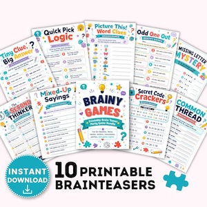 Printable Brain Teaser Games Bundle, Brainy Games Party Games for Kids Teens Adults, Family Game Night, Classroom Activities
