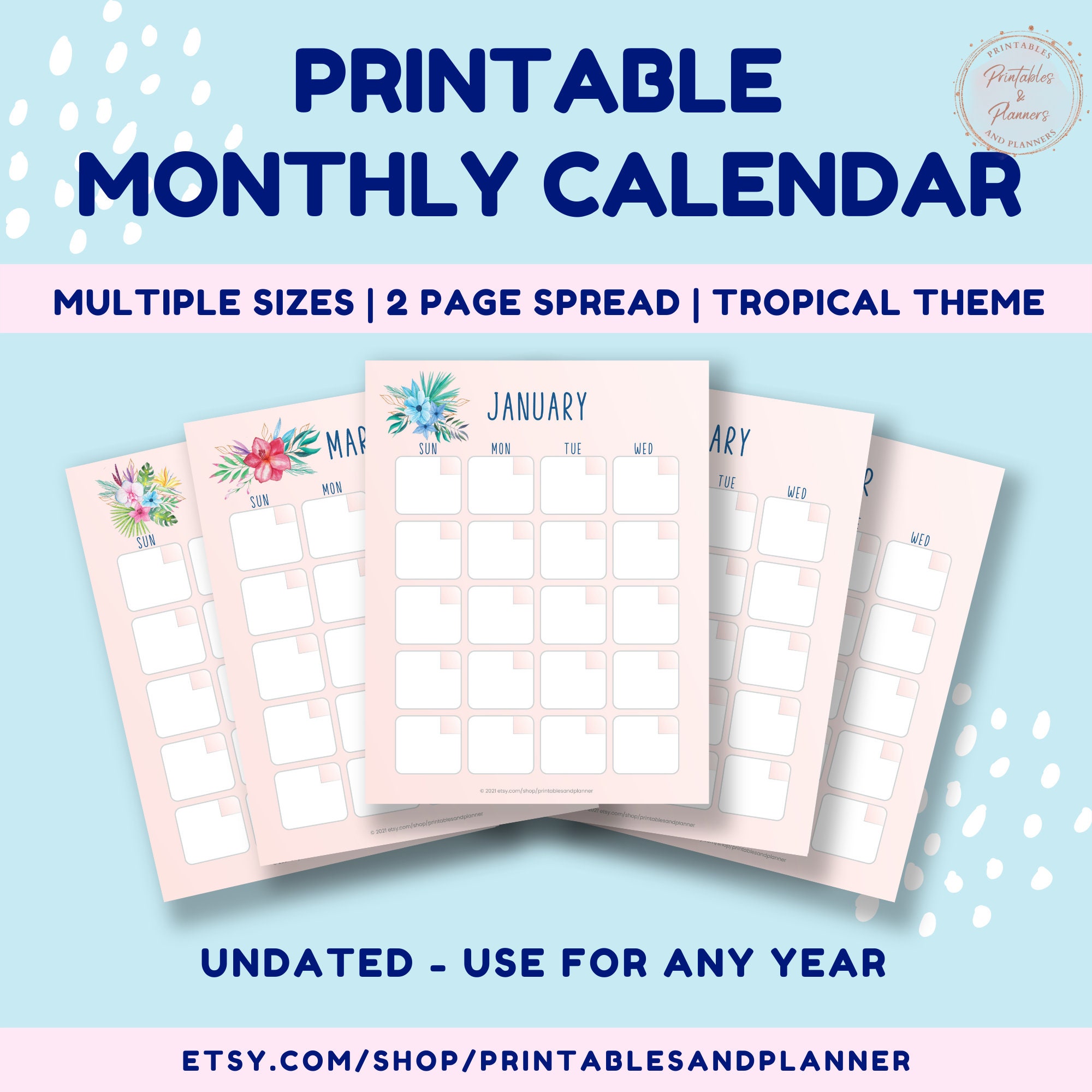 Printable monthly calendar 2 page months planner insert 12 month planner  beautiful tropical theme multiple sizes - etsy
