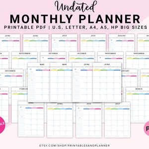 Planificador mensual imprimible sin fecha en 2 páginas, calendario mensual, planificador imprimible, tamaño carta/grande HP, tamaños A4, A5, 25 páginas, brillante
