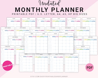 Printable Undated Month on 2 Pages, Monthly Planner, Monthly Calendar, Printable Planner, Letter/Big HP Size, A4, A5 Sizes, 25 Pages, Bright