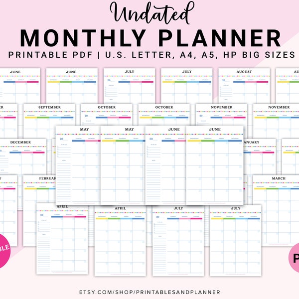 Printable Undated Month on 2 Pages, Monthly Planner, Monthly Calendar, Printable Planner, Letter/Big HP Size, A4, A5 Sizes, 25 Pages, Bright