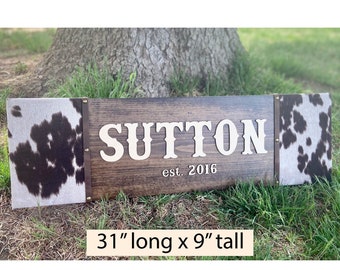 Last Name Wood Sign w/ Faux Cowhide and Western Style Text, Cowhide Custom Sign, Rustic Western Wedding Engagement Gift, Western Home Decor