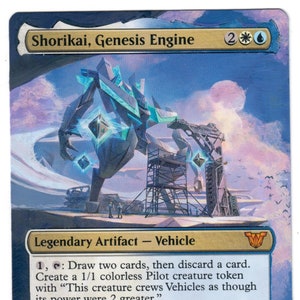 May include: A blue and white Magic: The Gathering card featuring a large, mechanical creature with a blue and white colour scheme. The card is titled "Shorikai, Genesis Engine" and has a power and toughness of 8/8. The card text reads: "1, : Draw two cards, then discard a card. Create a 1/1 colourless Pilot creature token with "This creature crews Vehicles as though its power were 2 greater." Crew 8 (Tap any number of creatures you control with total power 8 or more: This Vehicle becomes an artifact creature until end of turn.) Shorikai, Genesis Engine can be your commander."
