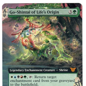 May include: A green and white illustrated card with the text "Go-Shintai of Life's Origin" and "Legendary Enchantment Creature - Shrine". The card has a 3/4 power and toughness and a cost of 2 green, 1 blue, 1 black, and 1 white mana. The card has an ability that allows you to return a target enchantment card from your graveyard to the battlefield. The card also has an ability that creates a 1/1 colorless Shrine enchantment creature token whenever Go-Shintai of Life's Origin or another nontoken Shrine enters the battlefield under your control.