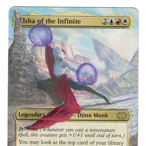 May include: A fantasy trading card featuring a blue, white, and red creature with purple energy orbs. The card is titled "Elsha of the Infinite" and has the text "Legendary Creature - Djinn Monk". The card has a power and toughness of 3/3.