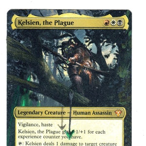 May include: A fantasy trading card featuring a green, black, and white illustration of a creature with a bow and arrow. The card is titled "Kelsien, the Plague" and has the text "Legendary Creature - Human Assassin". The card has a power of 2 and a toughness of 2.