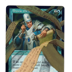 May include: A blue and white Magic: The Gathering card featuring an illustration of a man in a white robe and hat, holding a scroll and a magnifying glass. The card text reads "Bruvac the Grand" and "Legendary Creature - Human Wizard". The card is surrounded by brown parchment scrolls with text written on them.