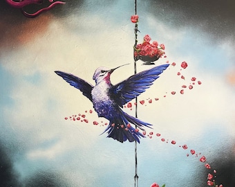 Colibrí arte impresión "cuarzo rosa" 5x7 pulgadas en papel texturizado firmado naturaleza surrealista pintura de aves linterna cristal negro azul blanco rosa