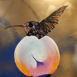 Stampa artistica di colibrì "The Orb" 5x7 pollici su carta ruvida firmata natura surreale uccello dipinto strano viola oro arancione bianco rosa uovo