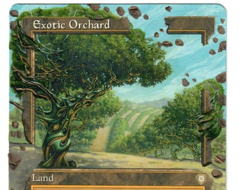 Marco de borde antiguo retro de MTG Brothers War Commander con arte alterado de huerto exótico