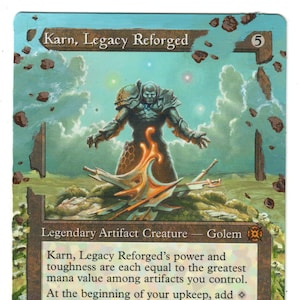 May include: A Magic: The Gathering card featuring Karn, Legacy Reforged, a legendary artifact creature with a golem subtype. The card is illustrated with a large, metallic golem standing in a landscape of broken stone and sky. The card text describes the creature's abilities, which include gaining power and toughness equal to the greatest mana value among artifacts controlled by the player.