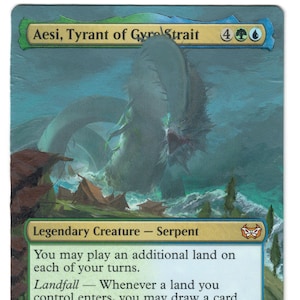 May include: Aesi, Tyrant of Gyre Strait card. The card features a large serpentine creature emerging from the water. The card text includes "Legendary Creature - Serpent" and "Landfall". The card has a power and toughness of 5/5.