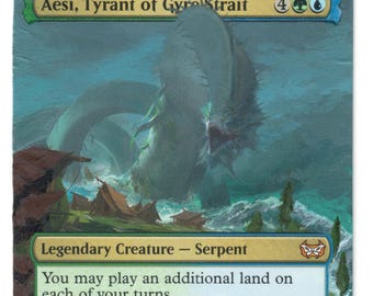 Tirano Aesi del Estrecho de Gyre, arte completo alterado, MTG Landfall Commander Borderless